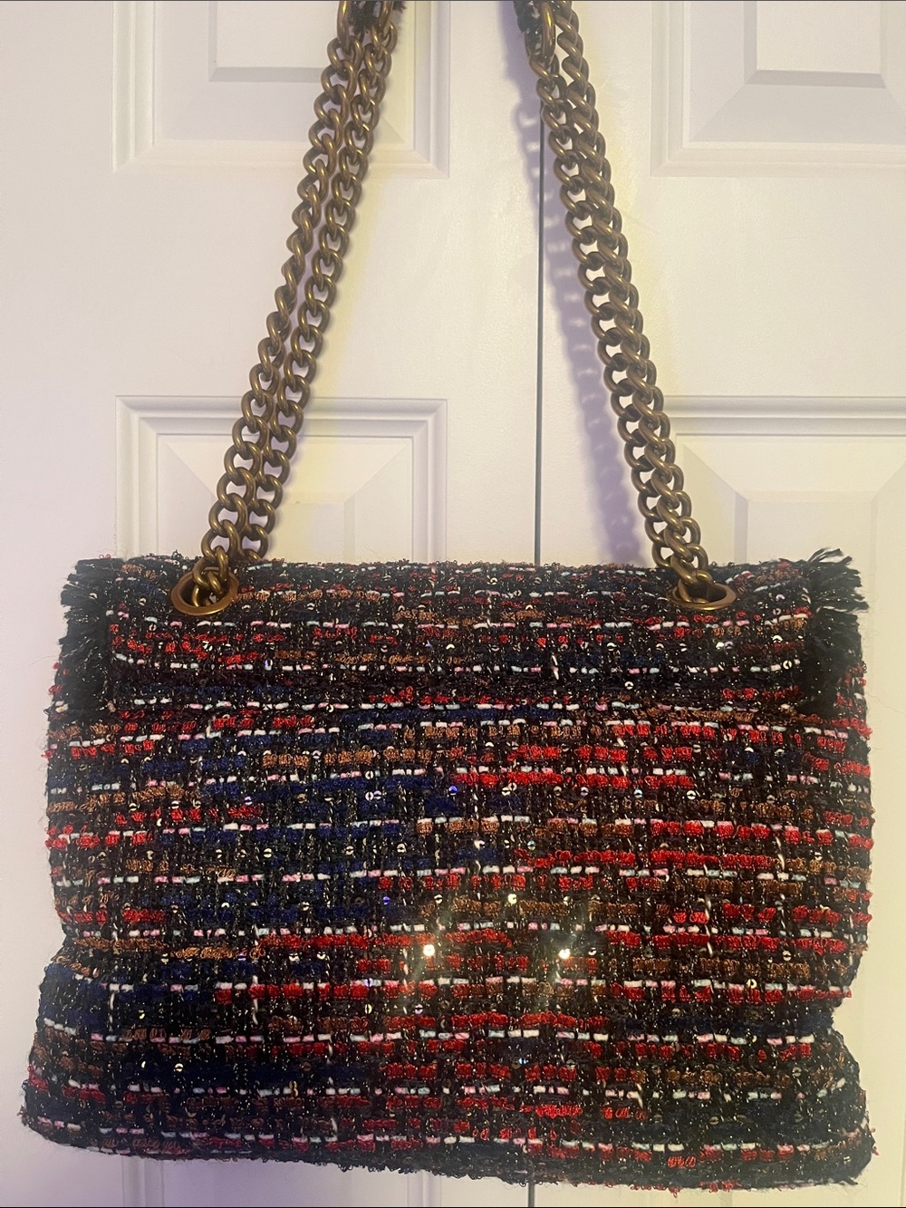 Kurt Geiger Kensington Tweed Shoulder Bag with Gold Chain - Black & Red Like New - Picture 4 of 10